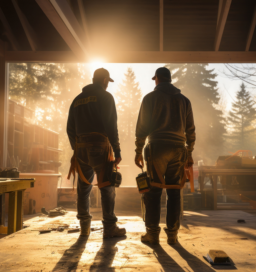 two construction workers working on a building